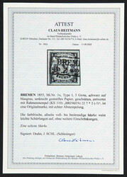 1855, 3 Gr. schwarz auf blaugrauem senkrecht gestreiften Papier in ...