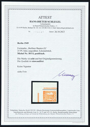 1949, 25 Pfg. Bauten I als postfrische Bogenecke oben links durch ...