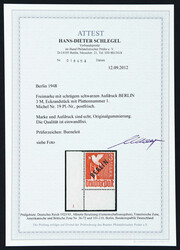 1948, 3 M. Schwarzaufdruck als postfrisches Eckrandstück unten links ...