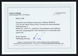 1948, 2 M. Schwarzaufdruck als postfrisches Eckrandstück oben links ...