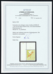 1949, 1 M. Rotaufdruck als postfrische Bogenecke oben links mit ...