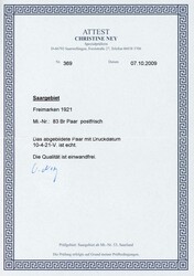 1921, 5 Fr. auf 25 M. Burbacher Hütte im postfrischen Unterrandpaar ...