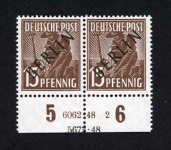 1948, 15 Pfg. Schwarzaufdruck als zwei postfrische Unterrandpaare mit ...