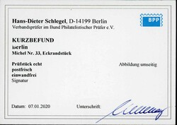 1949, 1 M. Rotaufdruck als postfrische Bogenecke unten links mit ...