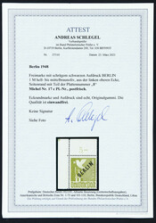 1948, 1 M. Schwarzaufdruck als postfrische ungefaltete Bogenecke oben ...