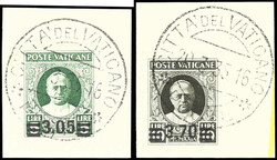 1934, 40 C. bis 3,70 L. Papst Pius XI. mit Aufdruck auf Briefstücken ...