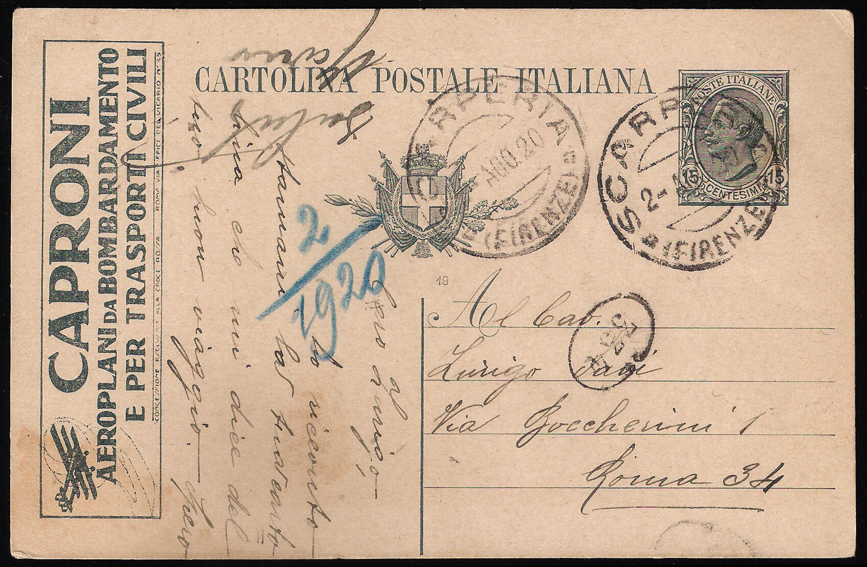 Cartolina Postale Leoni c.15 ardesia mill.19 CAPRONI (R3-8) da ...