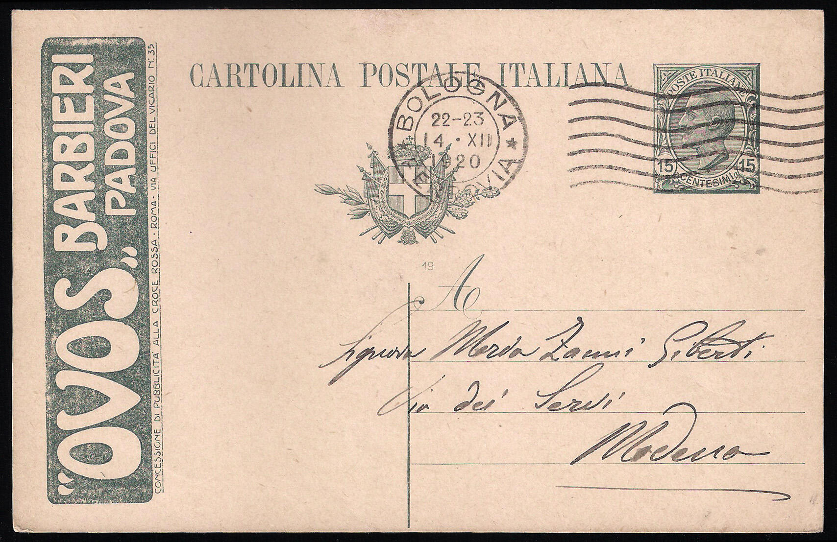 Cartolina Postale Leoni c.15 ardesia mill.19 OVOS Barbieri (R3-30) da ...