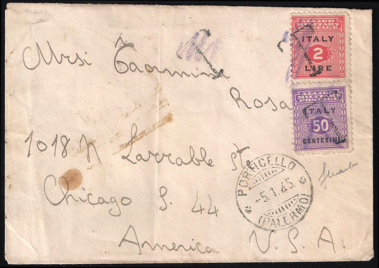 Bustina per gli U.S..A. affrancata con c.50 violetto e nero + L.2 ...