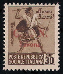 C.L.N. Savona - 1945 Tamburino c.30 bruno filigrana corona ...