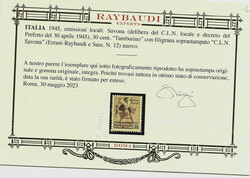 C.L.N. Savona - 1945 Tamburino c.30 bruno filigrana corona ...