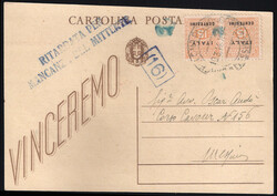 Cartolina postale c.30 Vinceremo con effigie ricoperta con coppia c ...