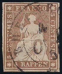 1854 Strubeli r.5 bruno con filo di seta verde (Unificato 26) usato, ...