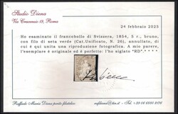 1854 Strubeli r.5 bruno con filo di seta verde (Unificato 26) usato, ...