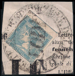 GIORNALI - 1851 Mercurio (c.3) celeste I tipo (1a) su frammentino con ...