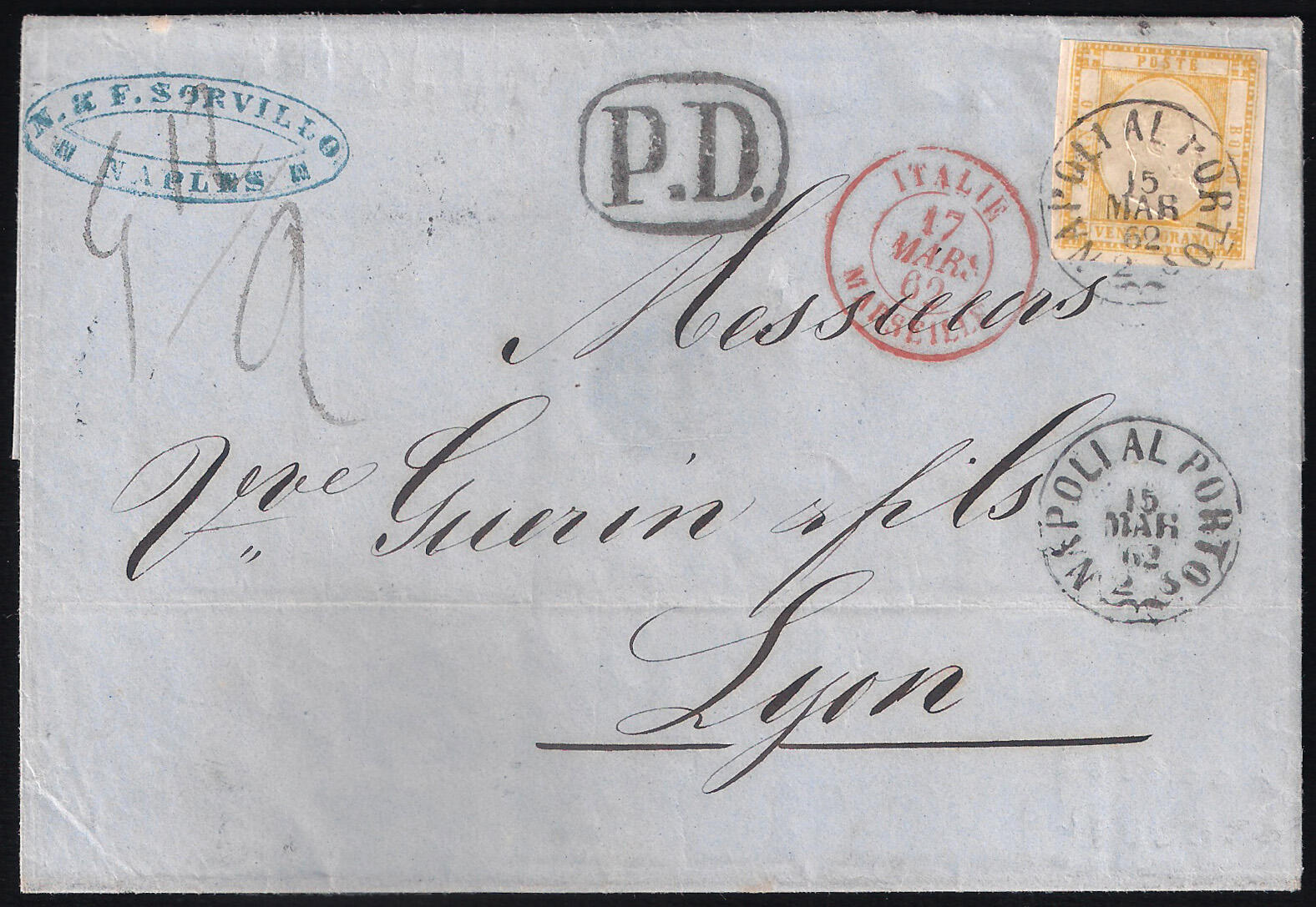 Lettera per la Francia affrancata con gr.20 giallo (23) da NAPOLI AL ...