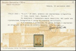 1922-23 - 20 c. arancio n. 7. Cert. Oliva. Cat. € 3000,00. SPL