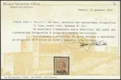 1922-23 - 60 c. carminio n. 11. Cert. Oliva. Cat. € 7500,00. SPL