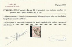 1850 - Rayon III, 15 crosso mattone, n. 24. Molto bello. Cert. ...