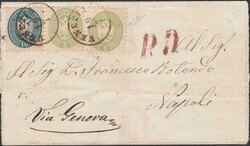 Piego di lettera da Venezia del 19.07.1865 per Napoli via Genova, ...