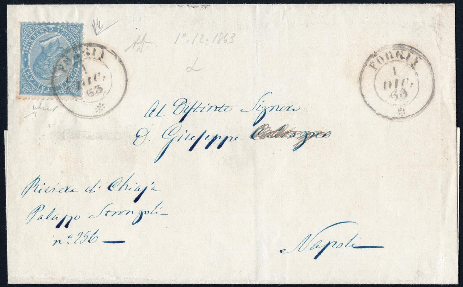 1/12/1863 - Lettera da Foggia per Napoli affrancata con 15 c. azzurro ...