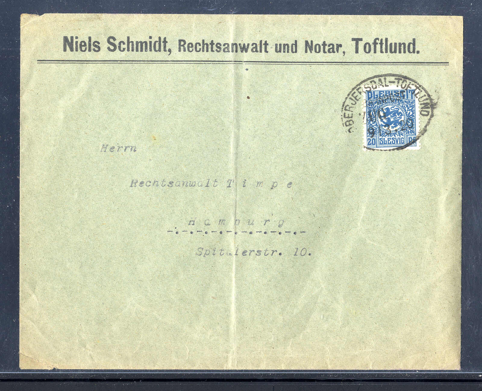 "OBERJESDAL - TOFTLUND",  guter Bahnpost K1 auf Bedarfscouvert 1920 ...