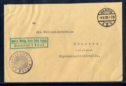 "DANZIG 5 h",  Stegstempel nebst grünem R2  "FREI D. ABLÖSUNG FREIE ...
