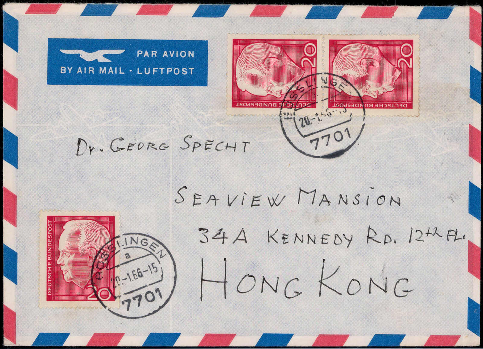 20 Pf. Lübke (3) als MEF. auf Lupo.-Auslandsbrief  "ROSSLINGEN" 1964 ...