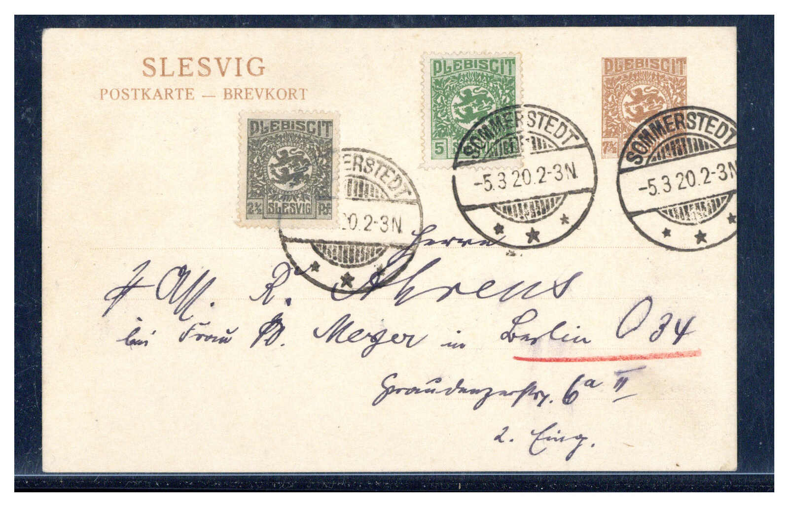 "SOMMERSTEDT",  guter Stegstempel dreimal klar auf GA 1920 nach Berlin