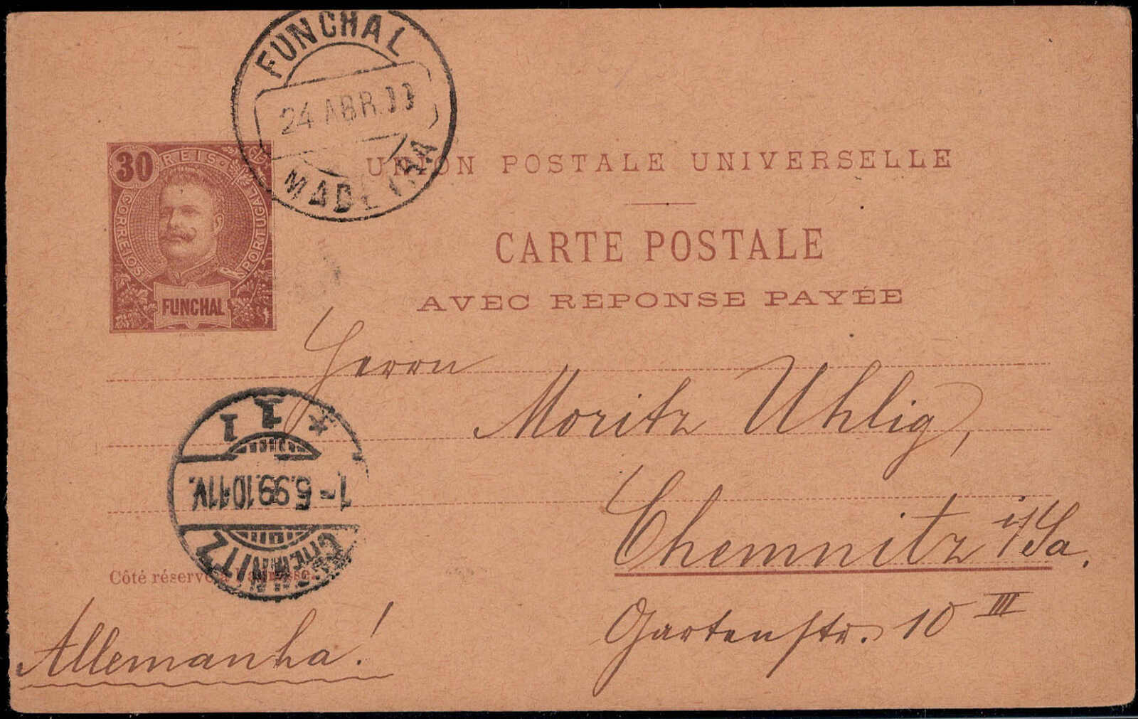 30 R. König Carls Auslands-Doppel-GA mit Stegstempel  "FUNCHAL" 1899 ...