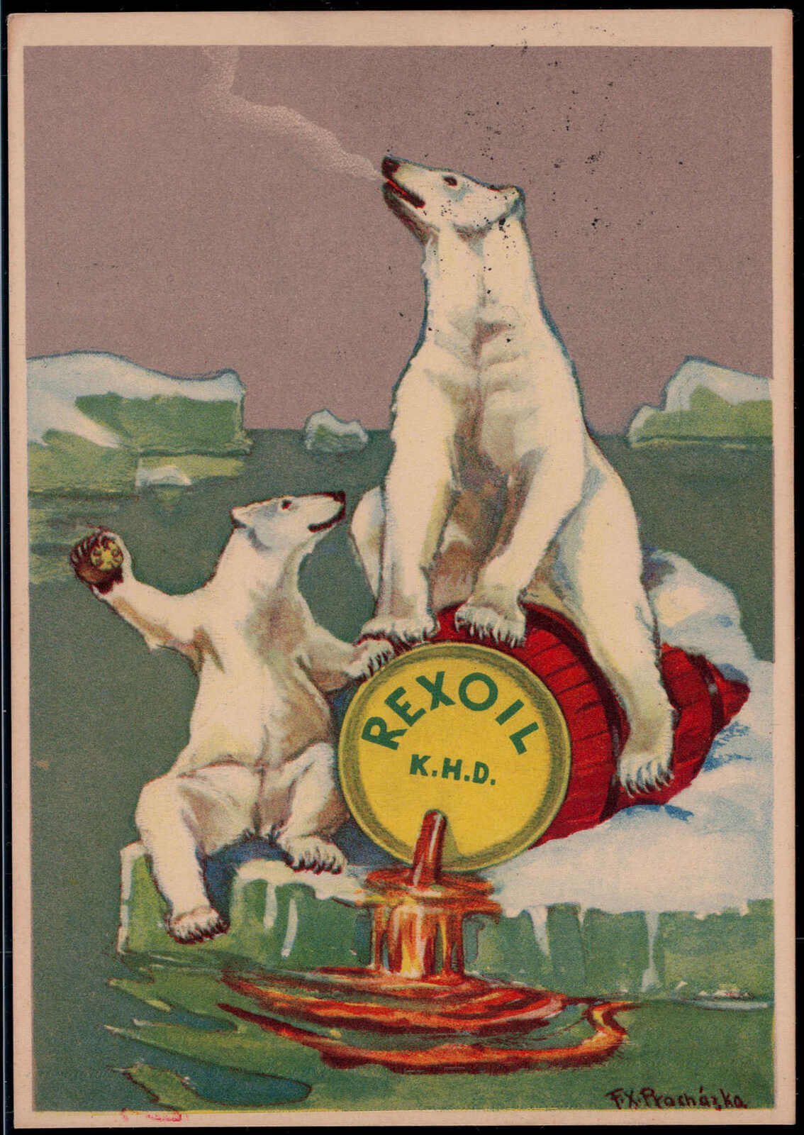 Herrliche tschechische Rexoil-Werbekarte mit Eisbären-Abb. 1938 nach ...