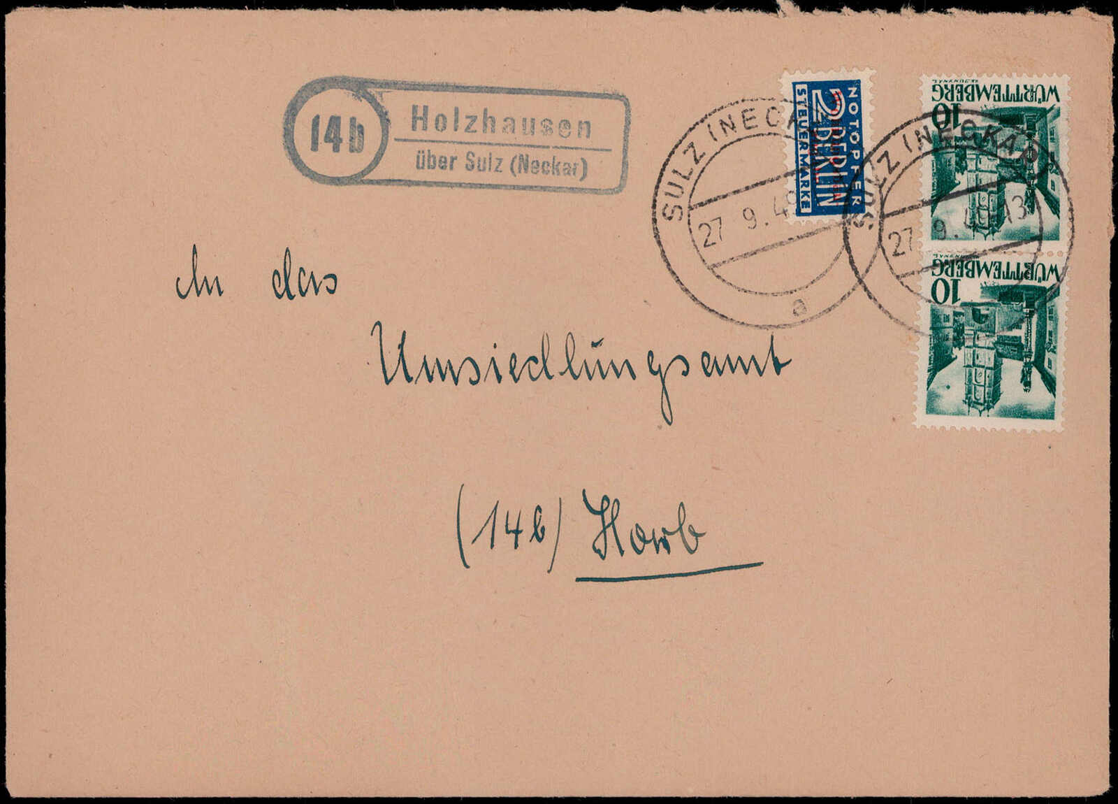 "HOLZHAUSEN ÜBER SULZ (NECKAR)", violetter Landpost R2 klar auf ...