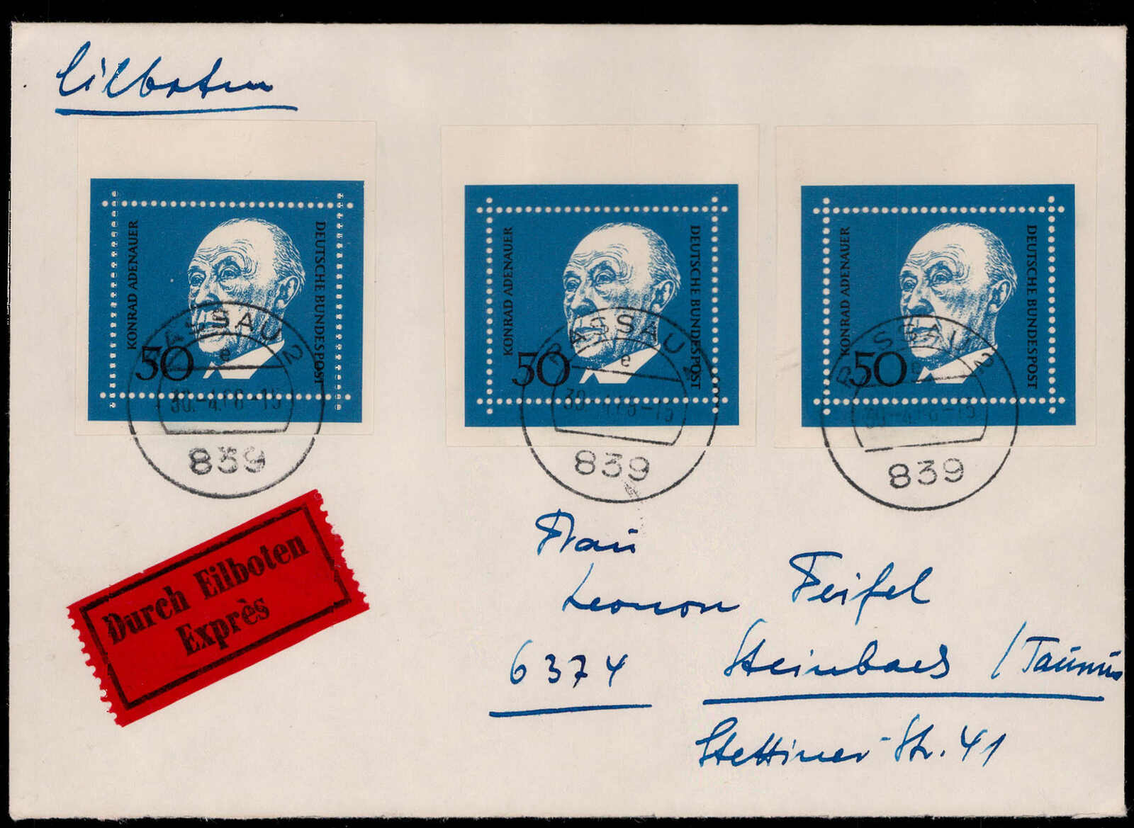 50 Pf. Adenauer (3) als MEF. auf portogerechtem Express-Fernbrief 2 ...