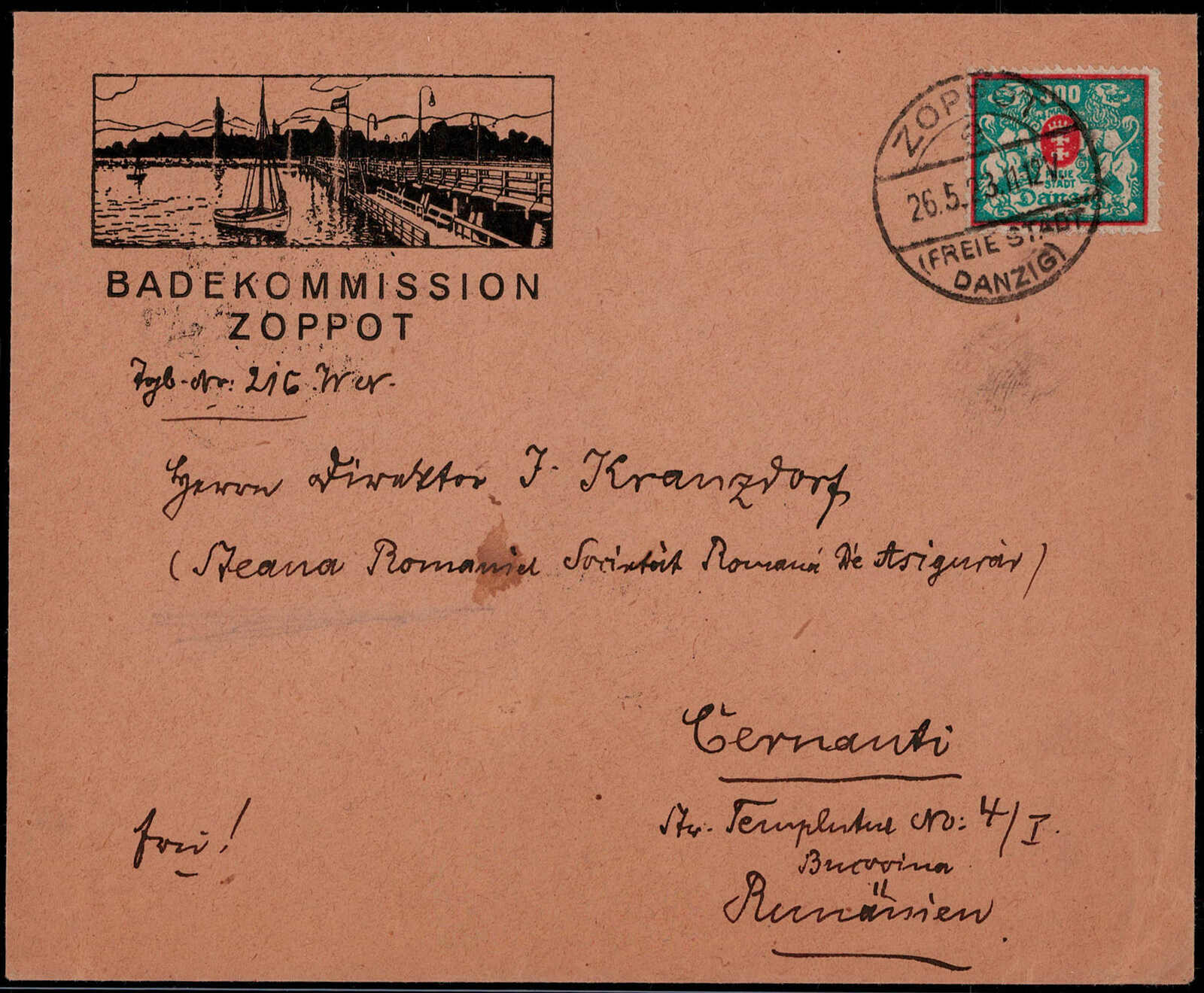 300 M. Gr. Staatswappen als EF. auf portogerechtem, illustriertem ...