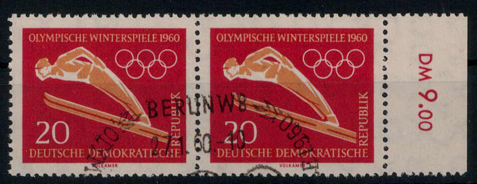 20 Pf. Skispringen 1960 im waagrechten Paar mit Gef?lligkeitsstempel, ...