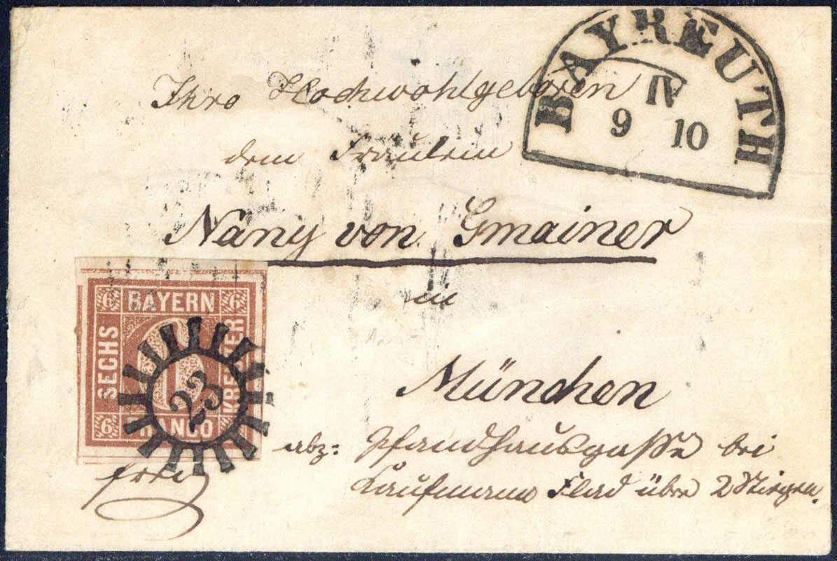 6 Kr. braun Pl.1, allseits breitrandige "kleine Bogenecke" oben links ...