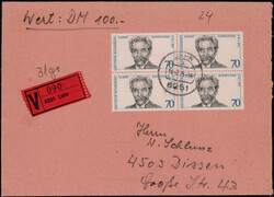 70 Pf. Albert Schweitzer im 4er.-Block als MEF. auf portogerechtem ...