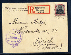 50 C. Germania als EF. auf Reco.-Zensur-Auslandsbrief mit Inhalt mit ...