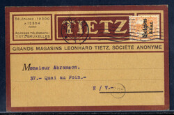 8 C. Germania mit Firmenlochung auf Postkarte  "L. TIETZ / BRÜSSEL" ...