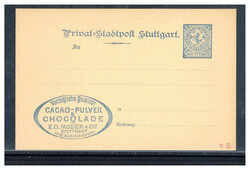 "STUTTGART",  3 Pf. GA blau mit Zudruck  "CACAO-PULVER E.O. MOSER"  * ...