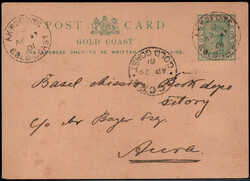 "AKROPONG",  K1 zweimal auf 1/2 P. Victoria-GA 1901 nach Acra