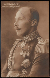 5 P. (2) und 10 P. Überdrucke 1914 auf AK  "WILHELM i. I" mit blauem ...