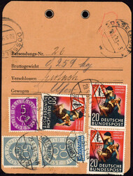 50 Pf. Posthorn (2), linker Wert Eckfehler nebst 5 Pf. und 20 Pf. ...