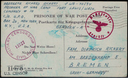 Überroller-Kriegsgefangenen-Postkarte aus den USA  11.8.44 mit ...