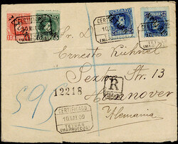 25 C. (2), 10 C. und 5 C. Freim. 1906/10 mit schwarzem Aufdruck ...