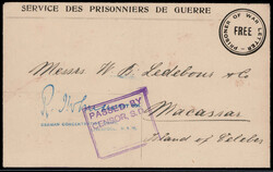 Kriegsgefangenencouvert mit violettem R2 "PASSED BY CENSOR S.D." nach ...