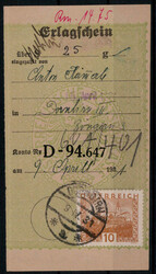 10 g. Freim. 1929 als EF. auf Erlagschein-Abschnitt  "DORNBIRN" 1931