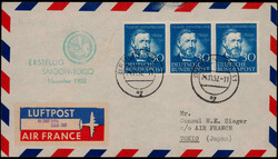 30 Pf. Reis im waagrechten 3er.-Streifen auf Erstflugbrief "BERLIN" ...