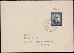 30+10 Pf. Wofa 1953 aus der Bogenecke oben rechts als EF. auf ...