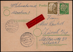 70 Pf. Heuss als Zfr. auf portogerechter 10 Pf. Express-Auslands-GA  ...